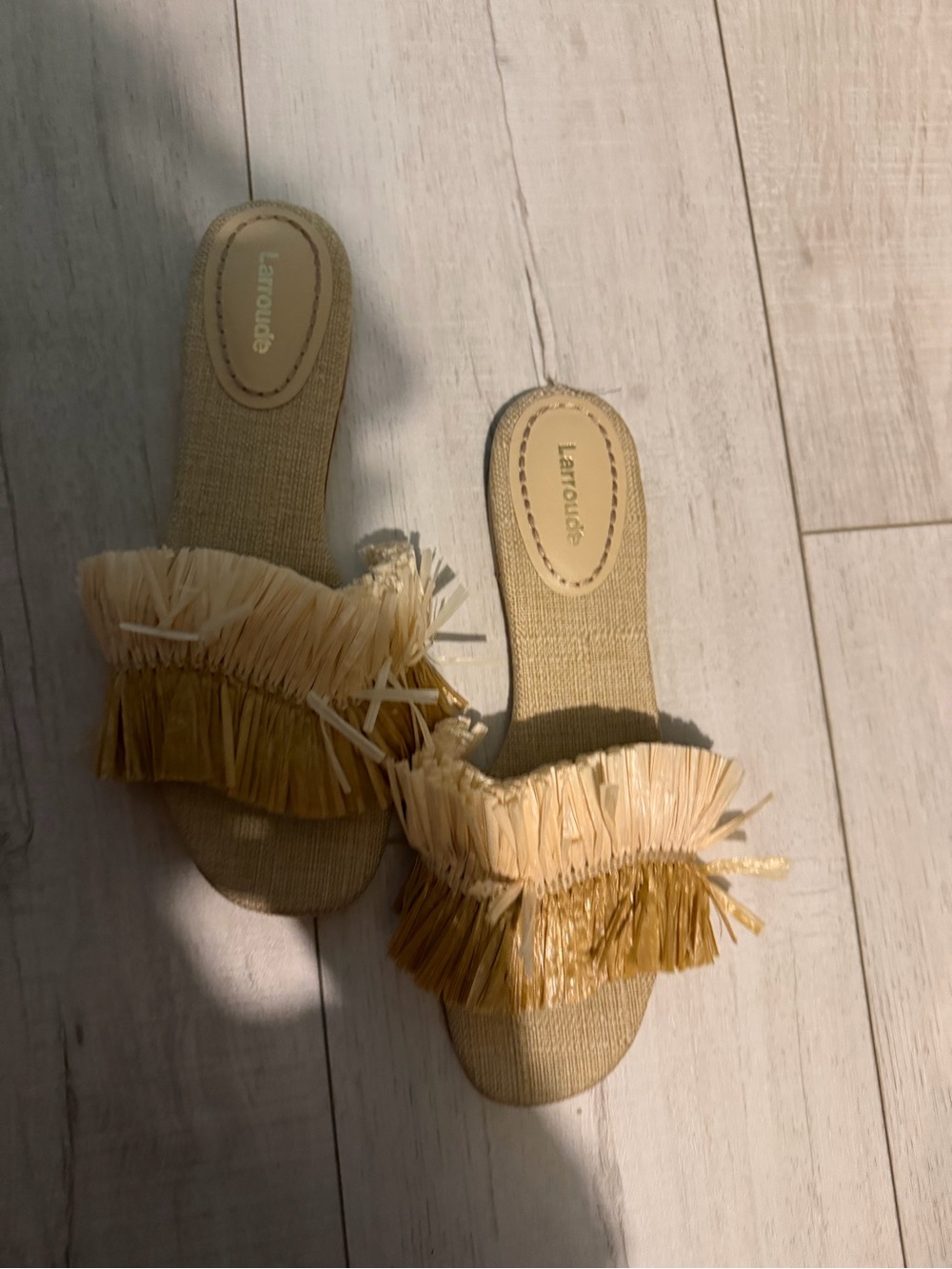 Natural Raffia Fringe Slide Sandals  7.5